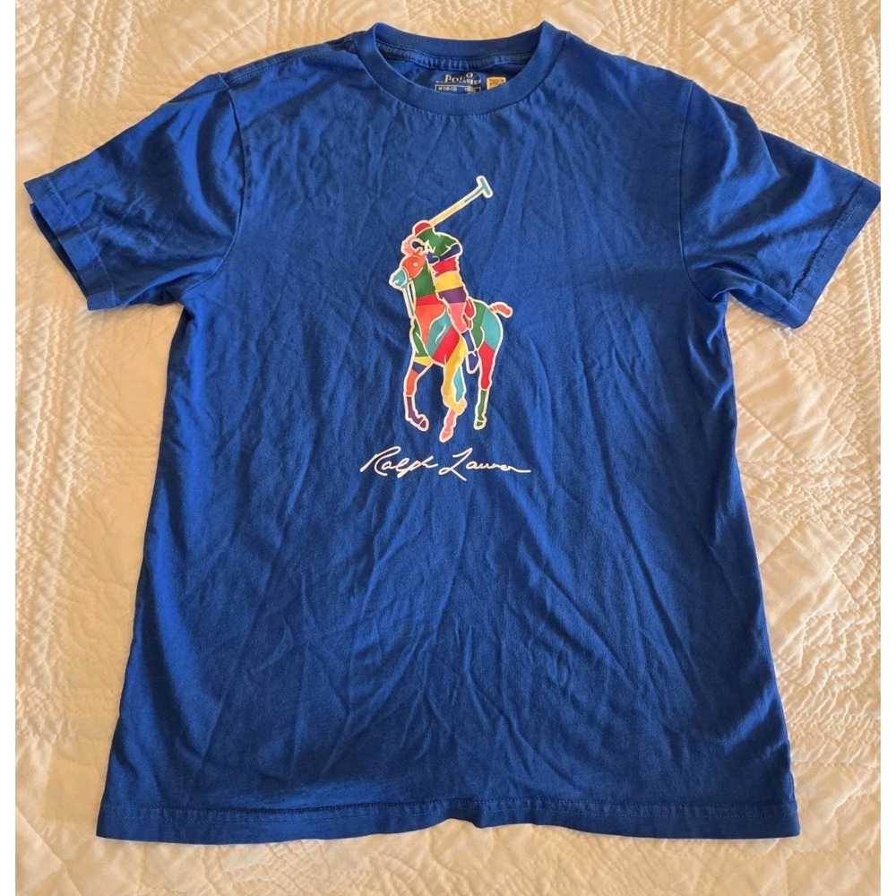 Polo Ralph Lauren Boys Blue Big Logo Colorblock Multi Pony Youth Medium 10 12